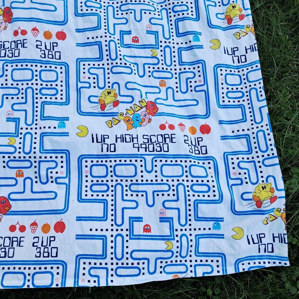 Vintage Pac Man Bally Midway Full Flat Sheet Dan River Muslin 80s Video Game